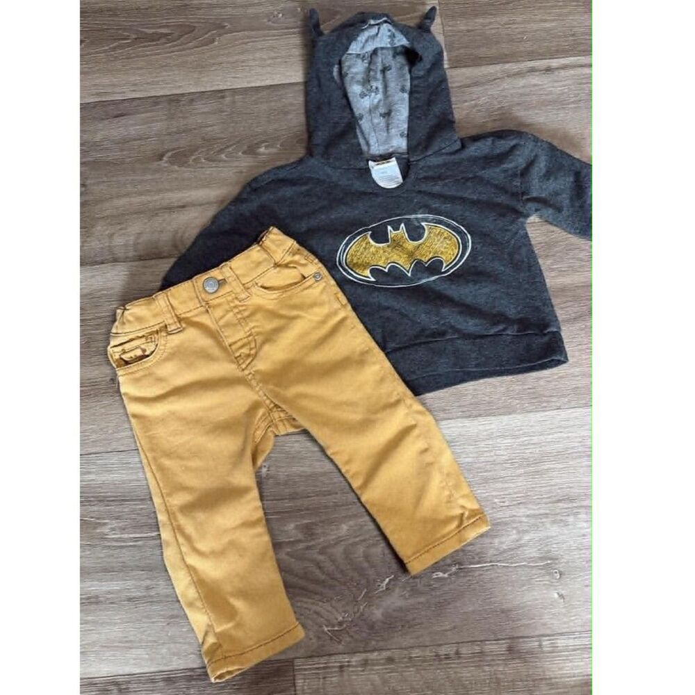 Baby Boy Batman Hoodie & H&M Mustard Pants Outfit Bundle 4-9M